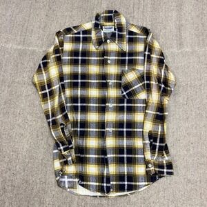 Vintage Shadow Plaid Button Up Shirt Mens Small Yellow 60s Permanent Press